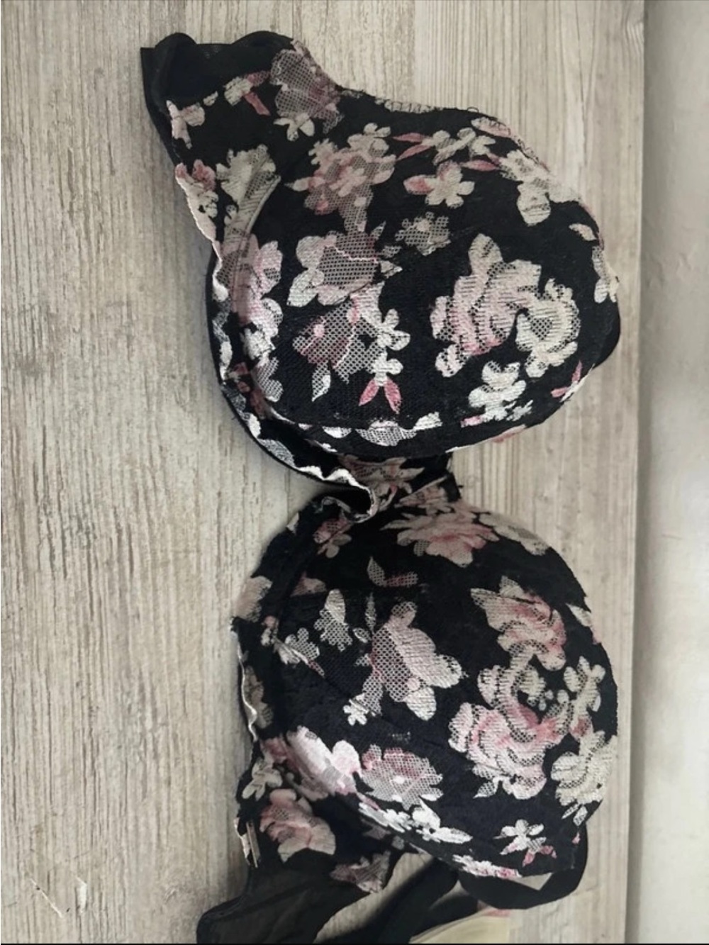 PINK Victoria's Secret Black Floral Lace Push-Up Bra with Pink & Cream Flowers